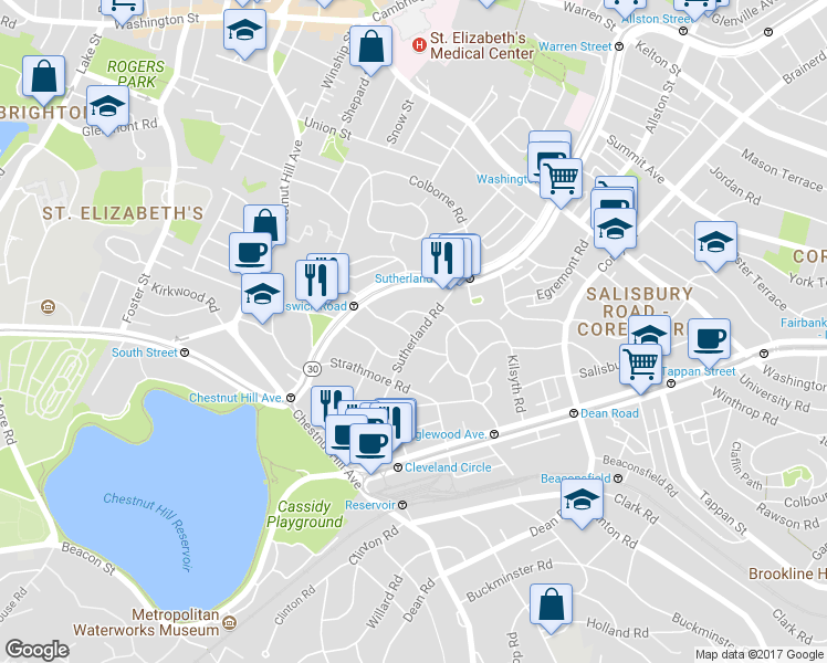 map of restaurants, bars, coffee shops, grocery stores, and more near 98 Lanark Road in Boston