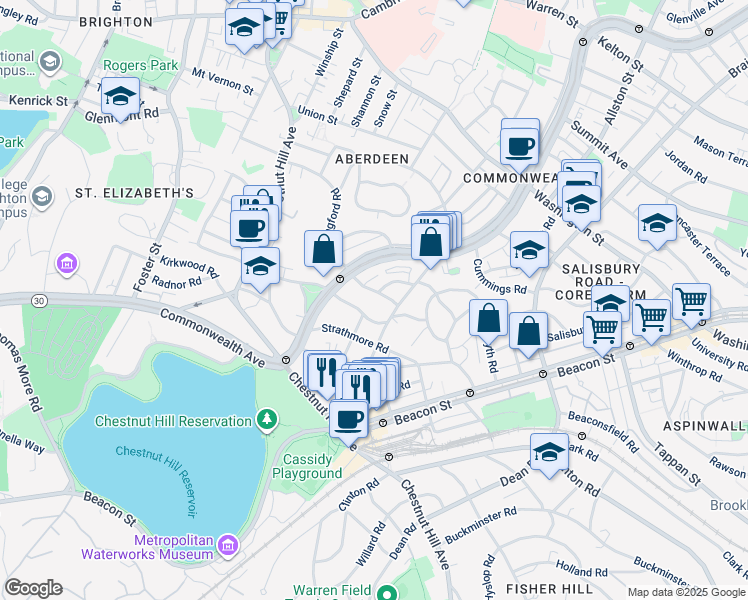 map of restaurants, bars, coffee shops, grocery stores, and more near 8 Kinross Road in Boston