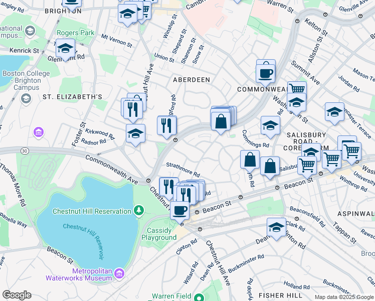 map of restaurants, bars, coffee shops, grocery stores, and more near 8 Kinross Road in Boston