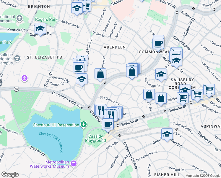 map of restaurants, bars, coffee shops, grocery stores, and more near 77 Chiswick Road in Boston