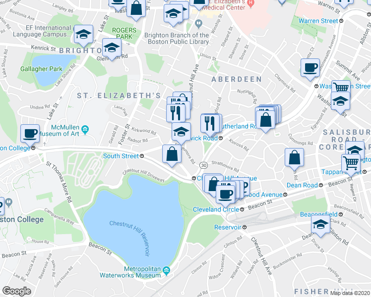 map of restaurants, bars, coffee shops, grocery stores, and more near 186 Chestnut Hill Avenue in Boston