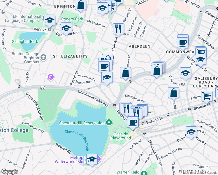 map of restaurants, bars, coffee shops, grocery stores, and more near 186 Chestnut Hill Avenue in Boston