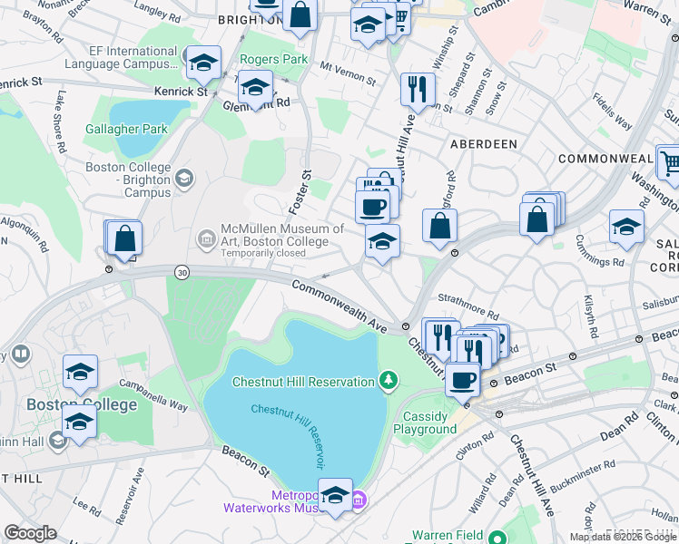map of restaurants, bars, coffee shops, grocery stores, and more near 49 Radnor Road in Boston