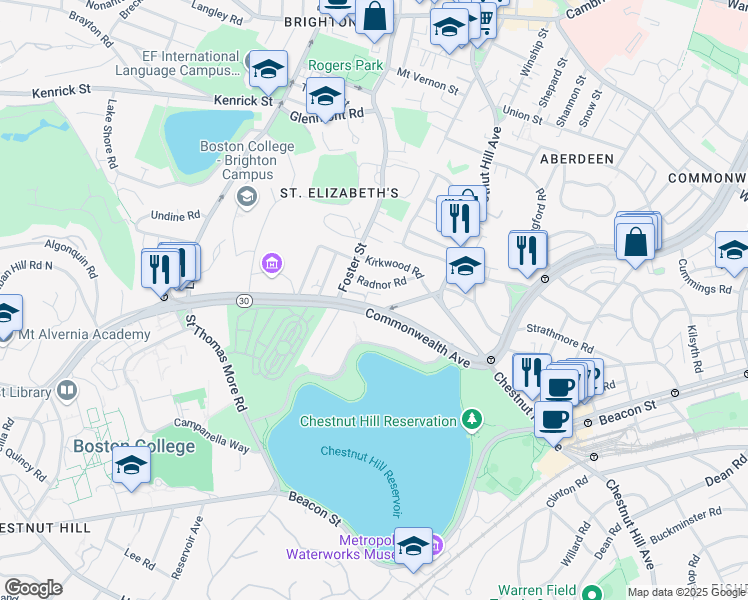map of restaurants, bars, coffee shops, grocery stores, and more near 15 Radnor Road in Boston