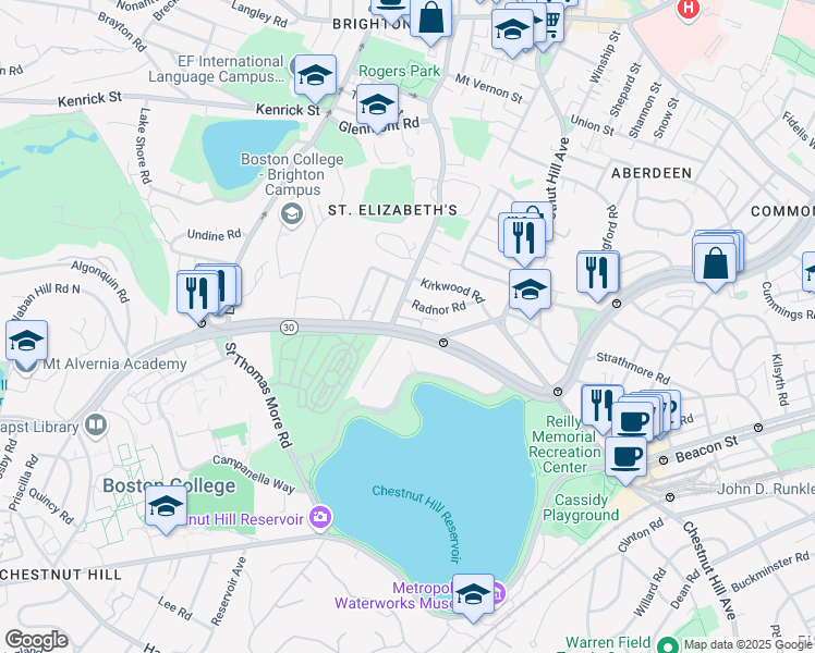 map of restaurants, bars, coffee shops, grocery stores, and more near 15 Radnor Road in Boston