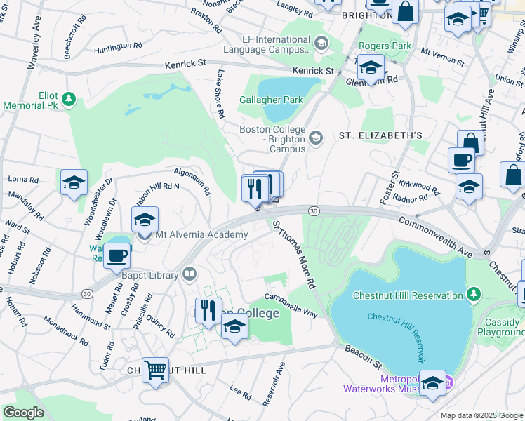 map of restaurants, bars, coffee shops, grocery stores, and more near 7 Commonwealth Avenue in Newton