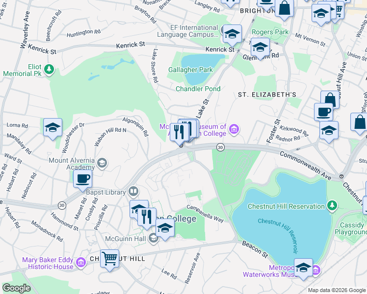 map of restaurants, bars, coffee shops, grocery stores, and more near Commonwealth Avenue in Boston