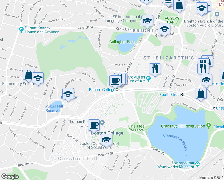 map of restaurants, bars, coffee shops, grocery stores, and more near 7 Commonwealth Avenue in Newton