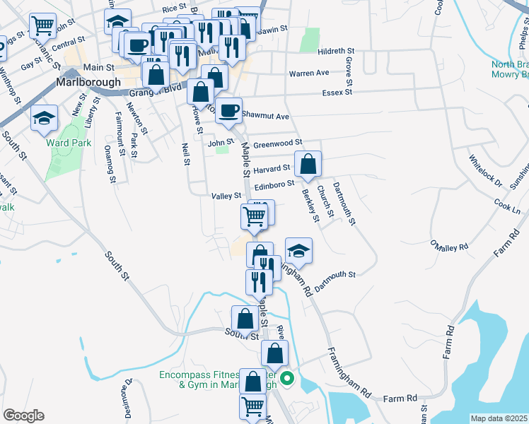 map of restaurants, bars, coffee shops, grocery stores, and more near 32 Madison Street in Marlborough