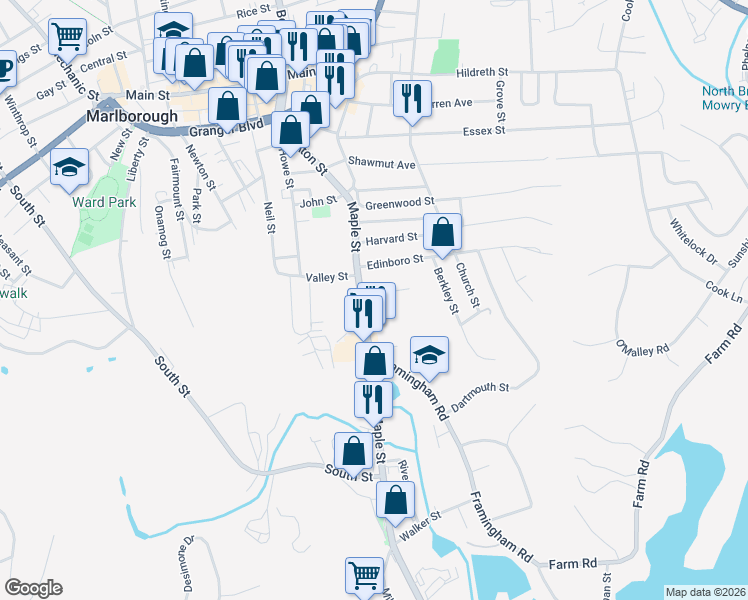 map of restaurants, bars, coffee shops, grocery stores, and more near 192 Maple Street in Marlborough