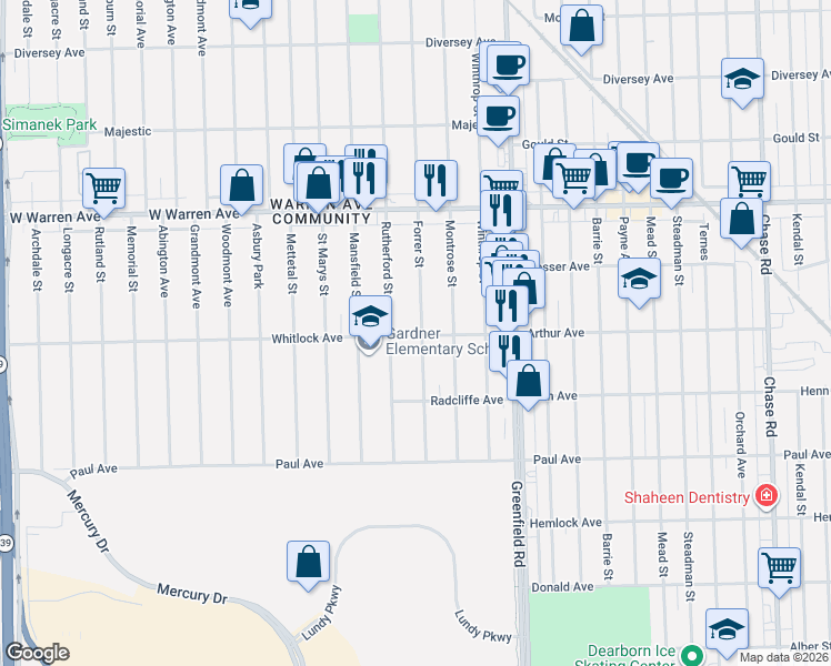 map of restaurants, bars, coffee shops, grocery stores, and more near 6722 Rutherford Street in Detroit