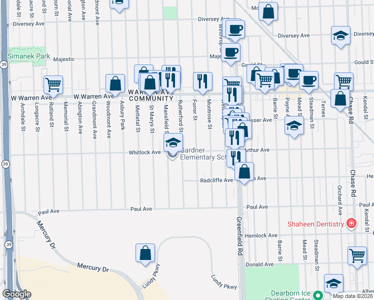 map of restaurants, bars, coffee shops, grocery stores, and more near 6722 Rutherford Street in Detroit