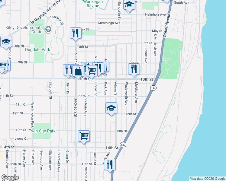 map of restaurants, bars, coffee shops, grocery stores, and more near 1018 Adams Street in North Chicago