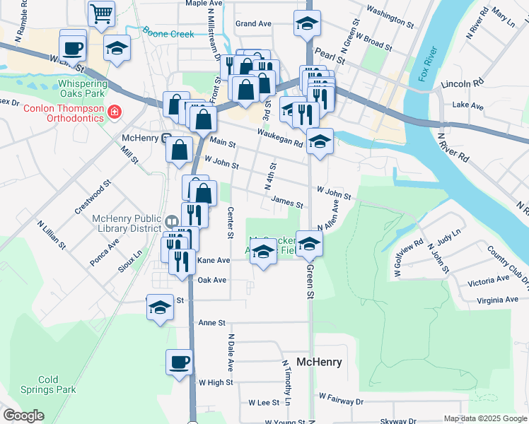 map of restaurants, bars, coffee shops, grocery stores, and more near 3703 James Street in McHenry