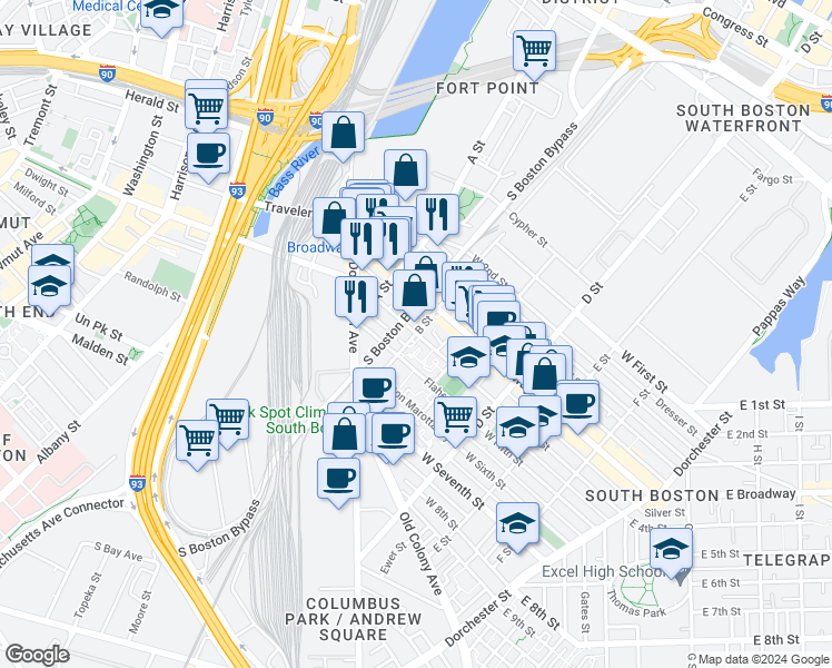map of restaurants, bars, coffee shops, grocery stores, and more near 171 West 4th Street in Boston