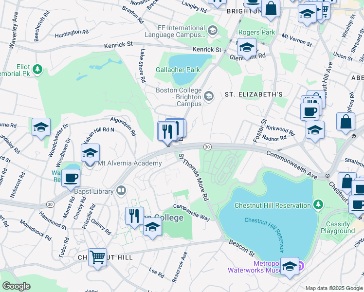 map of restaurants, bars, coffee shops, grocery stores, and more near Commonwealth Avenue in Chestnut Hill