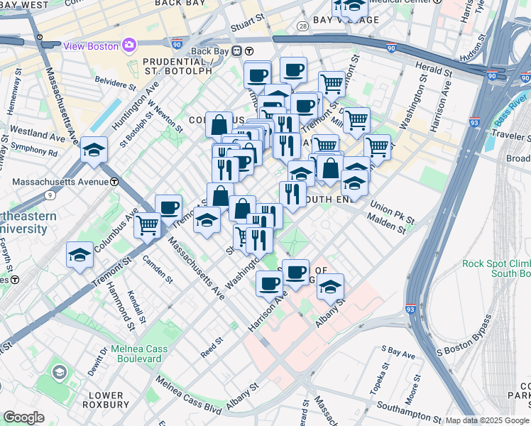map of restaurants, bars, coffee shops, grocery stores, and more near 31a San Juan Street in Boston