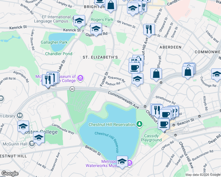map of restaurants, bars, coffee shops, grocery stores, and more near 15 Radnor Road in Boston
