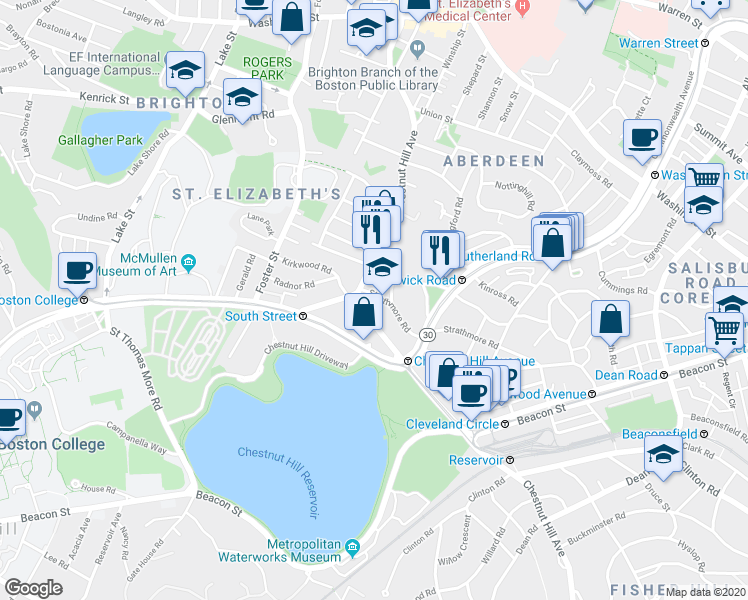 map of restaurants, bars, coffee shops, grocery stores, and more near 198 Strathmore Road in Boston