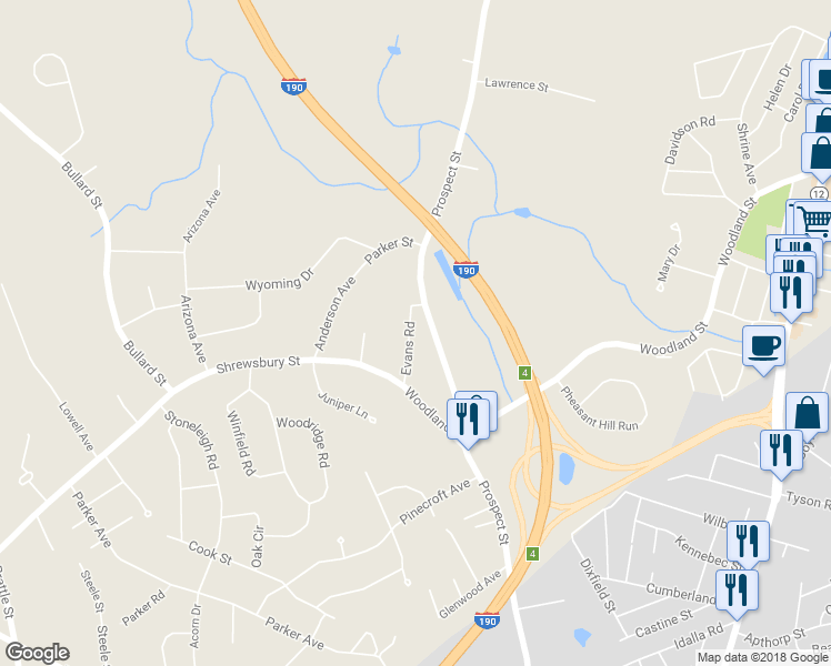 map of restaurants, bars, coffee shops, grocery stores, and more near 4 Evans Road in West Boylston