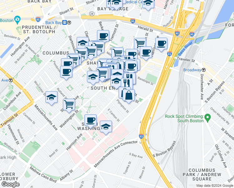 map of restaurants, bars, coffee shops, grocery stores, and more near 599 Harrison Avenue in Boston