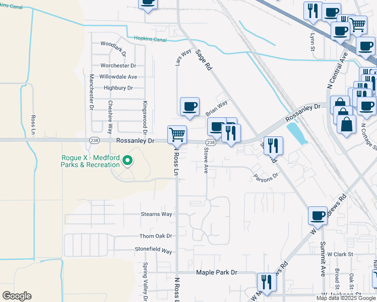 map of restaurants, bars, coffee shops, grocery stores, and more near 569-599 Rossanley Dr in Medford