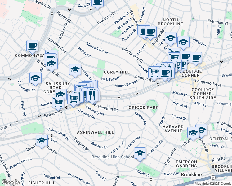 map of restaurants, bars, coffee shops, grocery stores, and more near in Brookline
