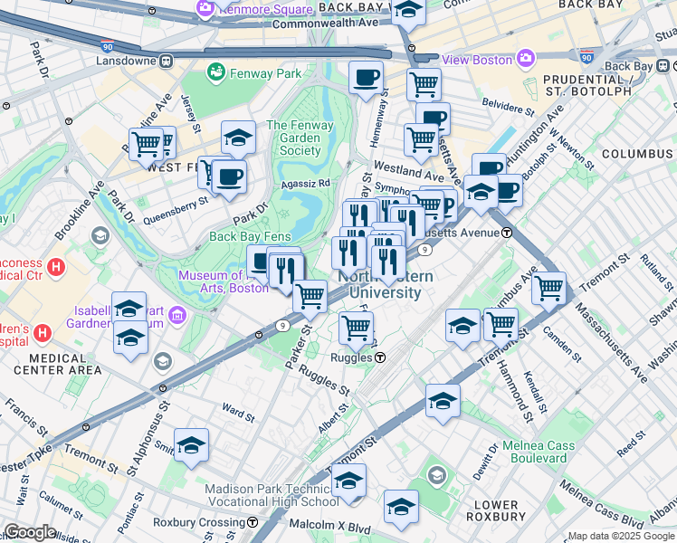 map of restaurants, bars, coffee shops, grocery stores, and more near 359 Huntington Avenue in Boston