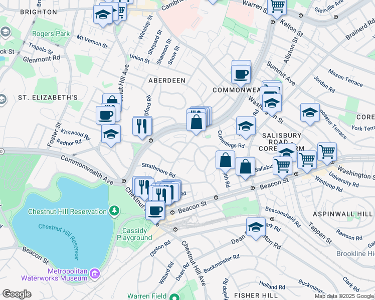 map of restaurants, bars, coffee shops, grocery stores, and more near 98 Lanark Road in Boston