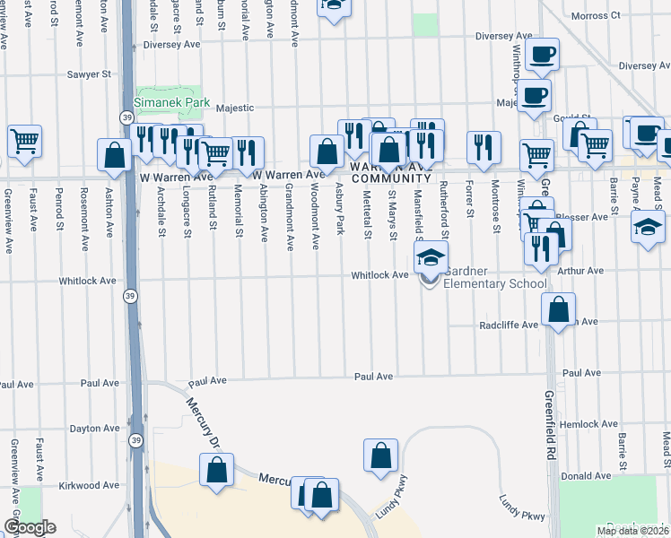 map of restaurants, bars, coffee shops, grocery stores, and more near 6735 Asbury Park in Detroit