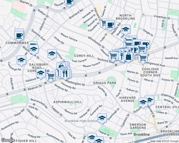 map of restaurants, bars, coffee shops, grocery stores, and more near 1530 Beacon Street in Brookline