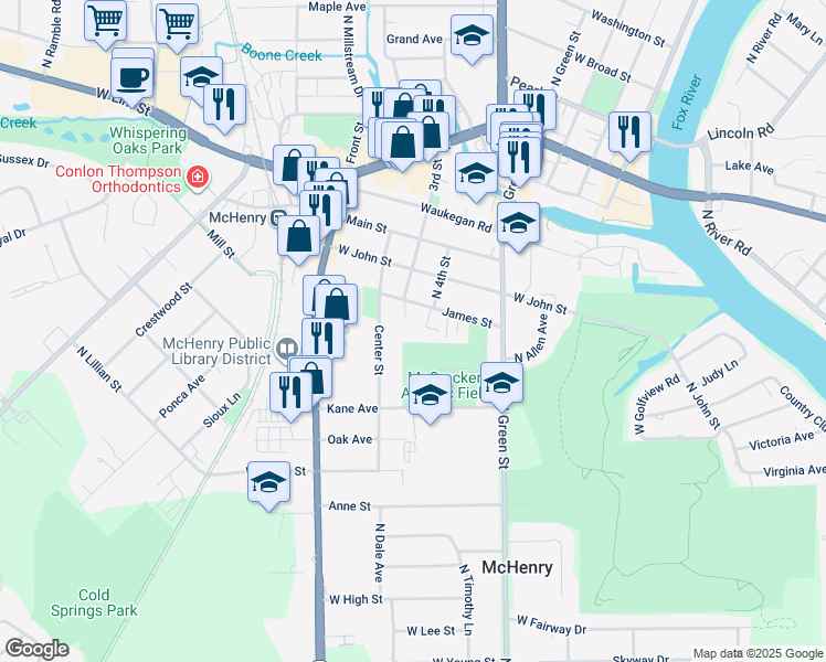 map of restaurants, bars, coffee shops, grocery stores, and more near 3703 James Street in McHenry