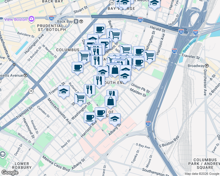 map of restaurants, bars, coffee shops, grocery stores, and more near 1462 Washington Street in Boston
