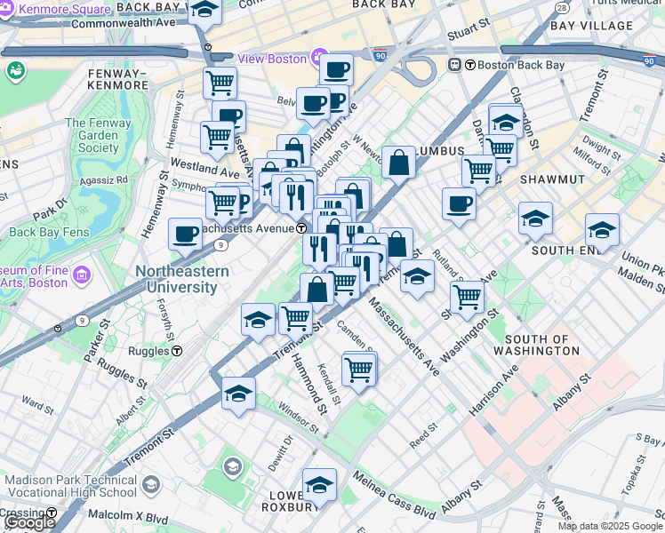 map of restaurants, bars, coffee shops, grocery stores, and more near 586 Columbus Avenue in Boston