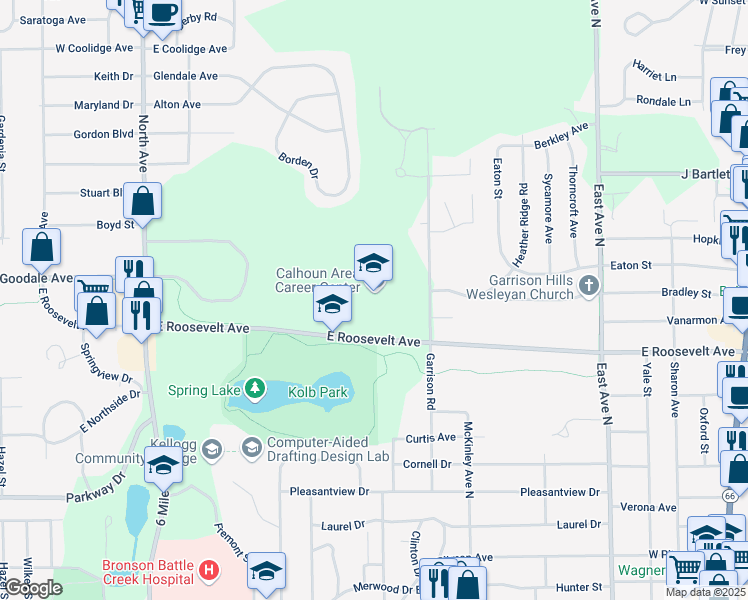map of restaurants, bars, coffee shops, grocery stores, and more near 475 East Roosevelt Avenue in Battle Creek