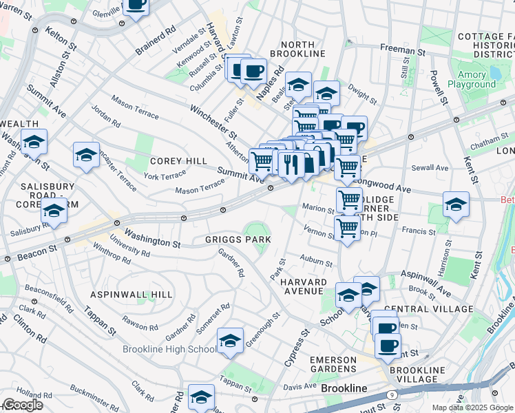 map of restaurants, bars, coffee shops, grocery stores, and more near 1443 Beacon Street in Brookline