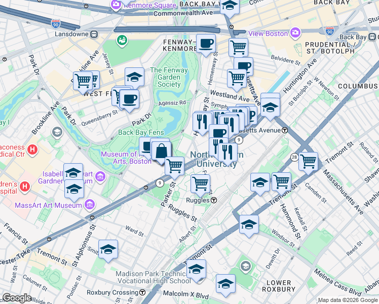 map of restaurants, bars, coffee shops, grocery stores, and more near 218 Hemenway Street in Boston
