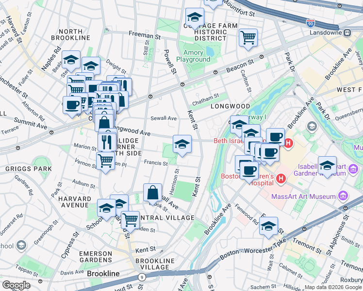 map of restaurants, bars, coffee shops, grocery stores, and more near 145 Longwood Avenue in Brookline