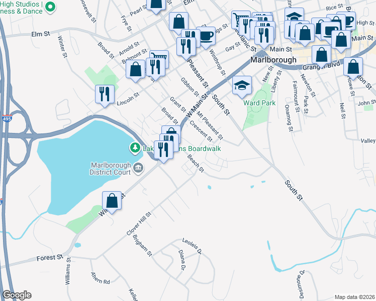 map of restaurants, bars, coffee shops, grocery stores, and more near 28 Beach Street in Marlborough