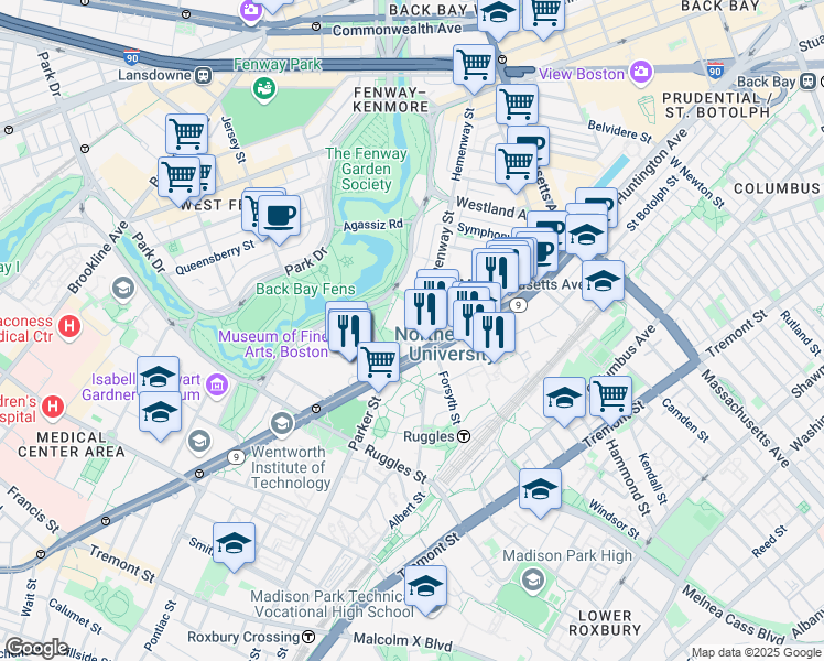 map of restaurants, bars, coffee shops, grocery stores, and more near 216 Hemenway Street in Boston