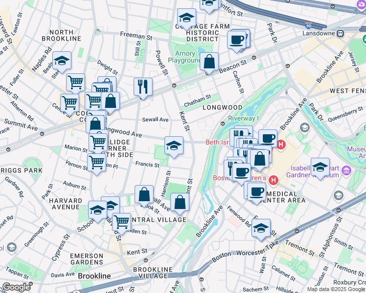 map of restaurants, bars, coffee shops, grocery stores, and more near 155 Longwood Avenue in Brookline