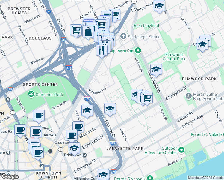map of restaurants, bars, coffee shops, grocery stores, and more near 1 Lafayette Plaisance Street in Detroit