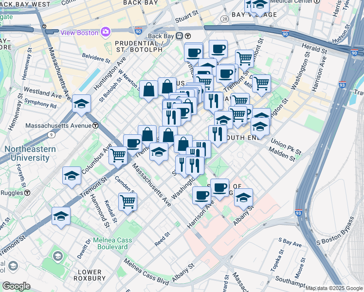 map of restaurants, bars, coffee shops, grocery stores, and more near 86 West Haven Street in Boston
