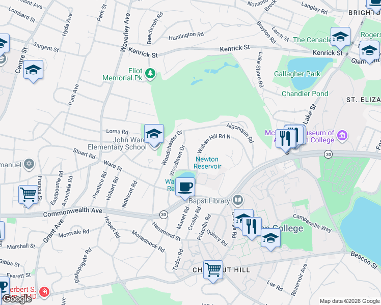 map of restaurants, bars, coffee shops, grocery stores, and more near 141 Waban Hill Road North in Newton