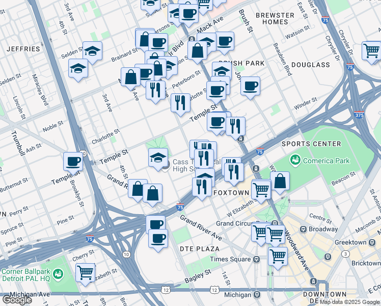 map of restaurants, bars, coffee shops, grocery stores, and more near in Detroit