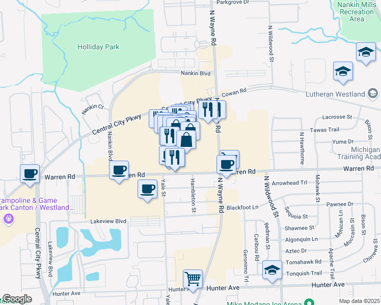 map of restaurants, bars, coffee shops, grocery stores, and more near 35000 Warren Road in Westland