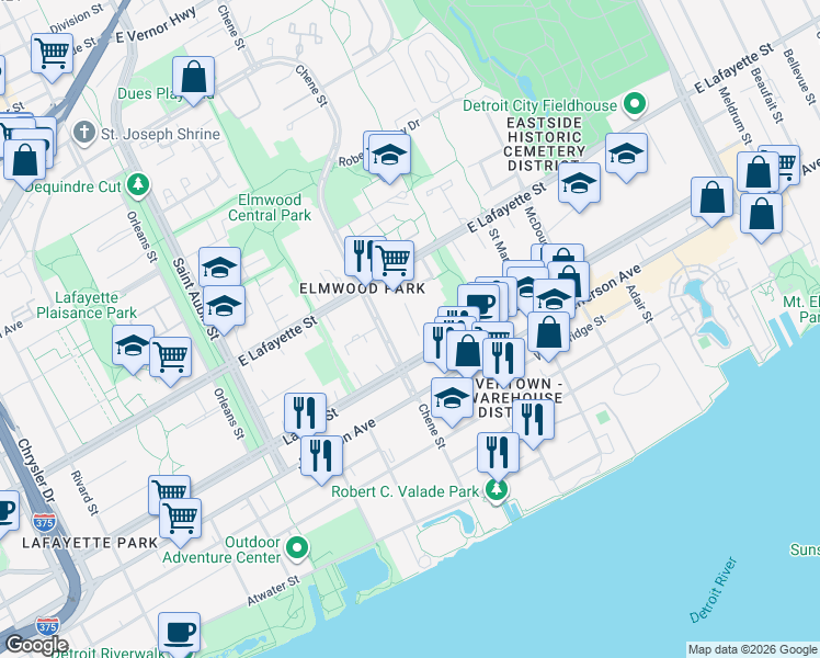 map of restaurants, bars, coffee shops, grocery stores, and more near 750 Chene Street in Detroit