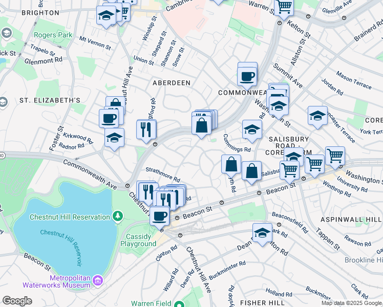 map of restaurants, bars, coffee shops, grocery stores, and more near 98 Lanark Road in Boston