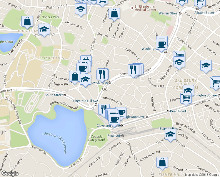 map of restaurants, bars, coffee shops, grocery stores, and more near Chiswick Road in Boston
