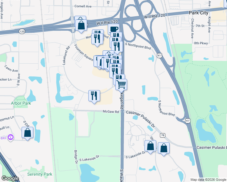 map of restaurants, bars, coffee shops, grocery stores, and more near 1010 South Waukegan Road in Waukegan